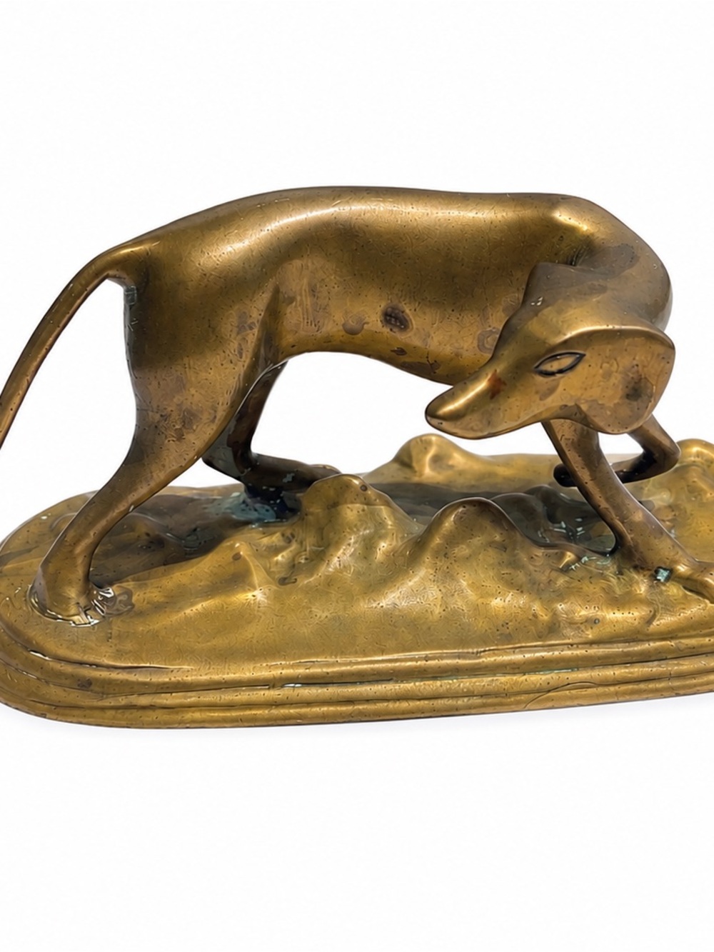 Antique Brass Hunting Dog Sculpture - Greyhound Whippet looking back